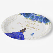 Blauwe Bloemen Brunette Prinses Verjaardagsfeest Papieren Bordje (Gekanteld)