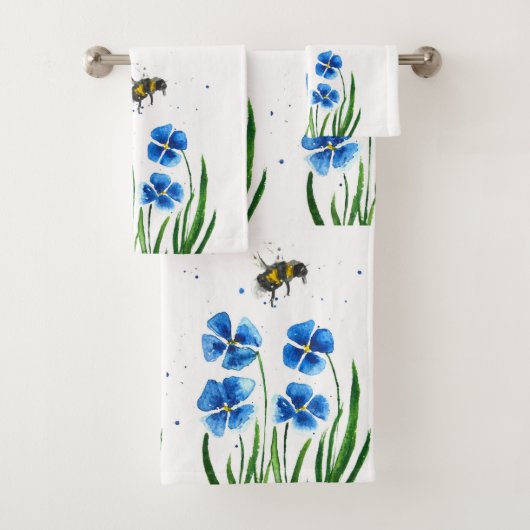 Blauwe bloemen Bumble Bee Wildbloemen Waterverf Bad Handdoek (Insitu)
