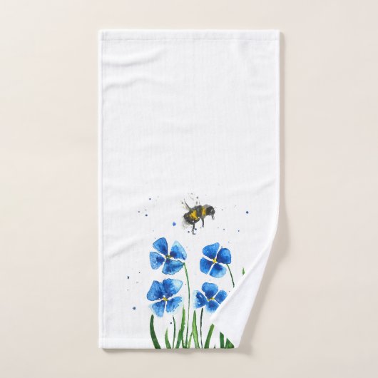 Blauwe bloemen Bumble Bee Wildbloemen Waterverf Bad Handdoek (Handdoek)