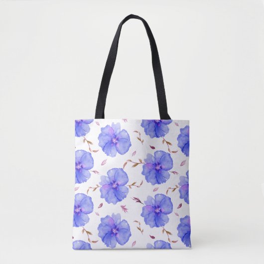 Blauwe Bloemen Canvas tas – Waterverf Bloempatroon (Voorkant)