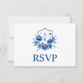 Blauwe bloemen Chinoiserie crest en qr code bruilo RSVP Kaartje (Voorkant)