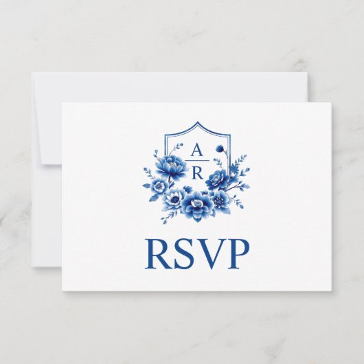 Blauwe bloemen Chinoiserie crest en qr code bruilo RSVP Kaartje (Voorkant)