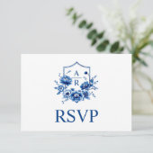 Blauwe bloemen Chinoiserie crest en qr code bruilo RSVP Kaartje (Staand voorkant)