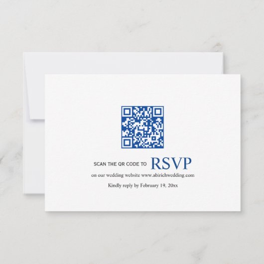 Blauwe bloemen Chinoiserie crest en qr code bruilo RSVP Kaartje (Achterkant)