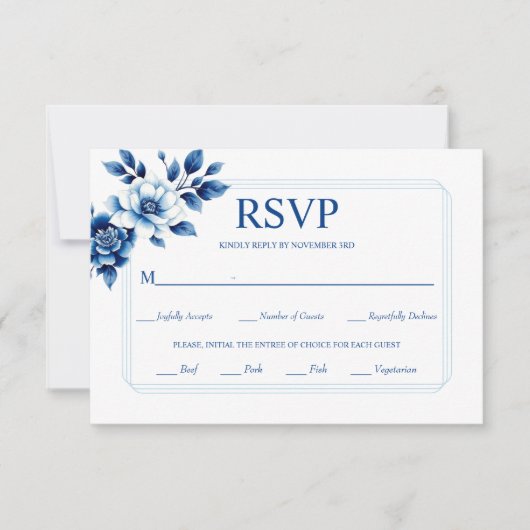 Blauwe bloemen Chinoiserie en drievoudige grens br RSVP Kaartje (Voorkant)