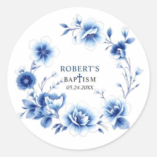 Blauwe bloemen Chinoiserie jongen bloemendoop Ronde Sticker (Voorkant)