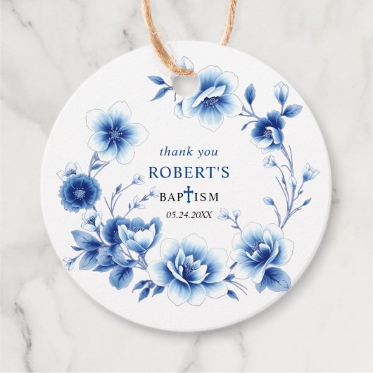 Blauwe bloemen Chinoiserie jongen Doop Dank U Bedankjes Labels (Voorkant)