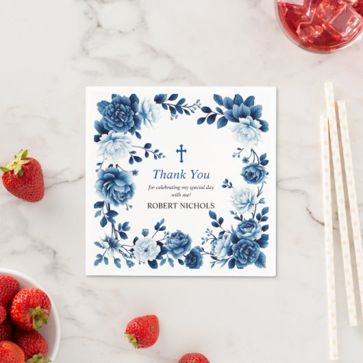 Blauwe bloemen Chinoiserie jongen Doop Dank u Servet (Insitu)