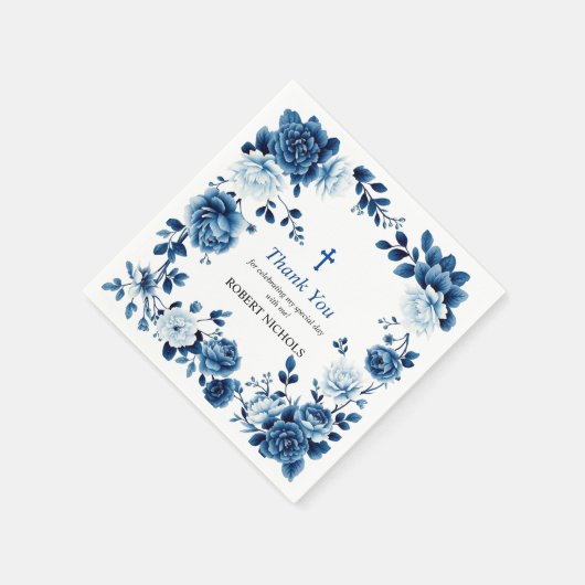 Blauwe bloemen Chinoiserie jongen Doop Dank u Servet (Hoek)