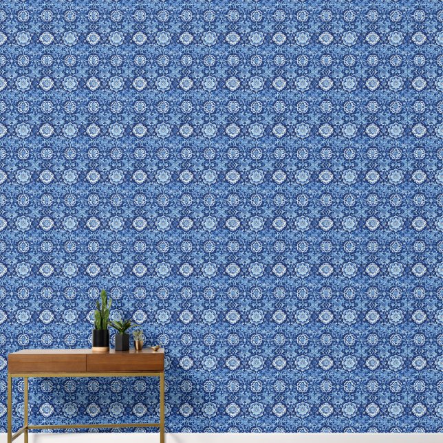 Blauwe bloemen Chinoiserie patroon Behang (Hal)