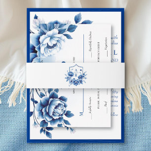 Blauwe bloemen Chinoiserie pioenroos bloem kam bru Uitnodigingen Wikkel