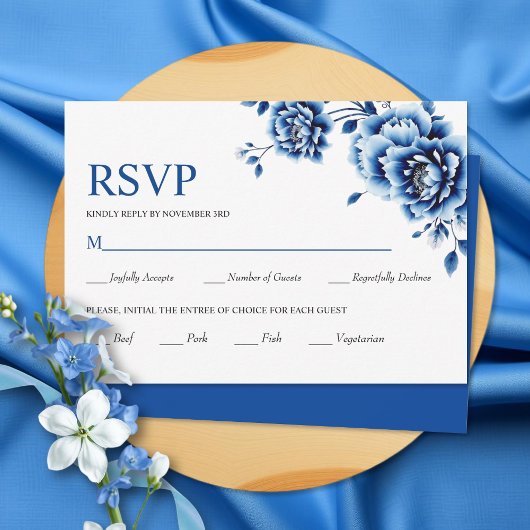 Blauwe bloemen Chinoiserie pioenroos bloemen bruil RSVP Kaartje
