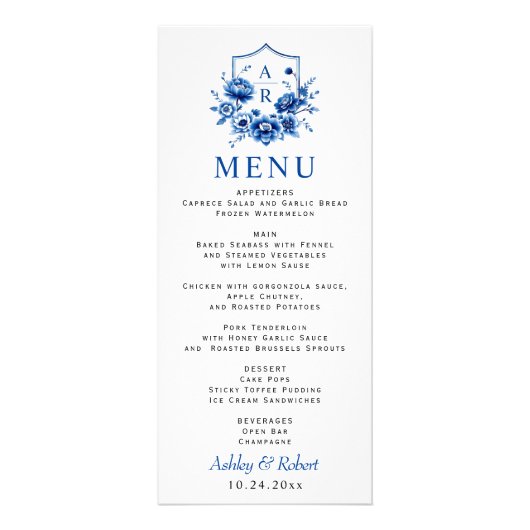 Blauwe bloemen Chinoiserie pioenroos bruiloft menu (Voorkant)