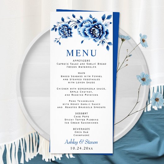 Blauwe bloemen Chinoiserie pioenroos bruiloft menu