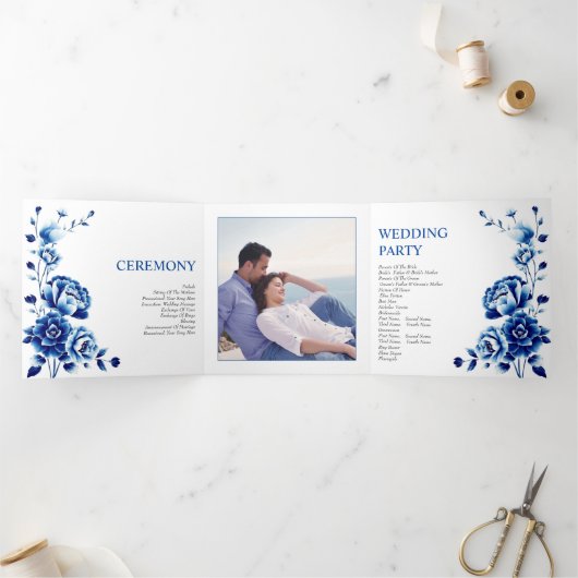 Blauwe bloemen Chinoiserie pioenroos huwelijksprog Drieluik Programma (Binnen)