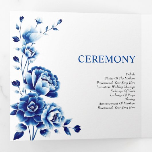 Blauwe bloemen Chinoiserie pioenroos huwelijksprog Drieluik Programma (Binnenzijde eerst)