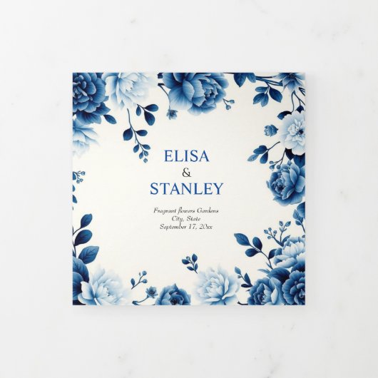 Blauwe bloemen Chinoiserie pioenroos huwelijksprog Drieluik Programma (Cover)