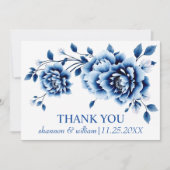 Blauwe bloemen Chinoiserie pioenrozen bruiloft Bed Bedankkaart (Voorkant)
