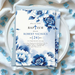 Blauwe bloemen Chinoiserie, waterverf wassen Doop Kaart