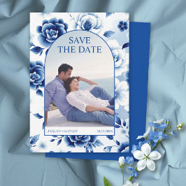 Blauwe bloemen Chinoiserie, waterverf wassen foto Save The Date