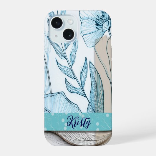 Blauwe bloemen collage iPhone case, blauwgroen en 15 Case (Achterkant)