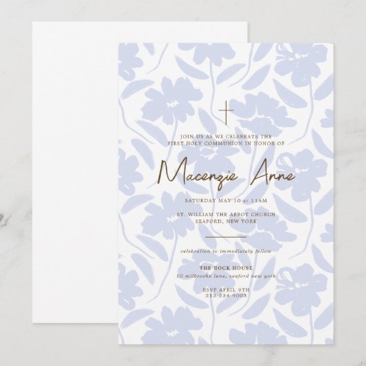 Blauwe Bloemen Communie Uitnodiging (Voorkant / Achterkant)
