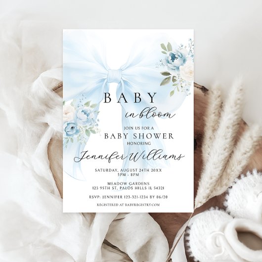 Blauwe bloemen Coquette Bow Baby in bloei Jongensd Kaart