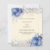 Blauwe bloemen crème zilver 25ste huwelijksuitnodi (Voorkant)