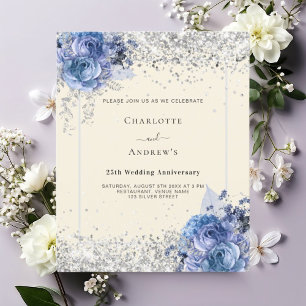 Blauwe bloemen crème zilver 25ste huwelijksuitnodi