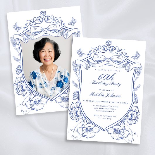 Blauwe Bloemen Custom Foto 60ste Verjaardagsfeest Kaart