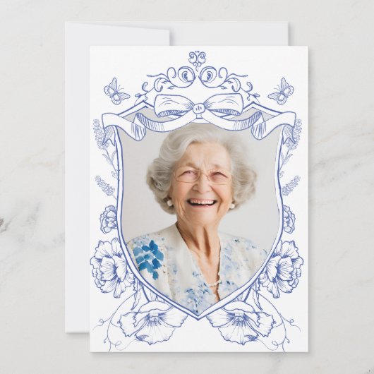 Blauwe Bloemen Custom Foto 80ste Verjaardagsfeest Kaart (Achterkant)