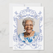 Blauwe Bloemen Custom Foto 90ste Verjaardagsfeest Kaart (Achterkant)