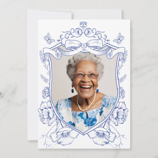 Blauwe Bloemen Custom Foto 90ste Verjaardagsfeest Kaart (Achterkant)