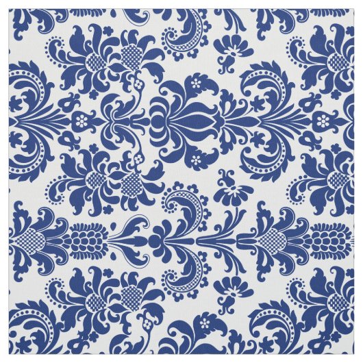 Blauwe Bloemen Damasks Aangepaste Gele Achtergrond Stof (Swatch)