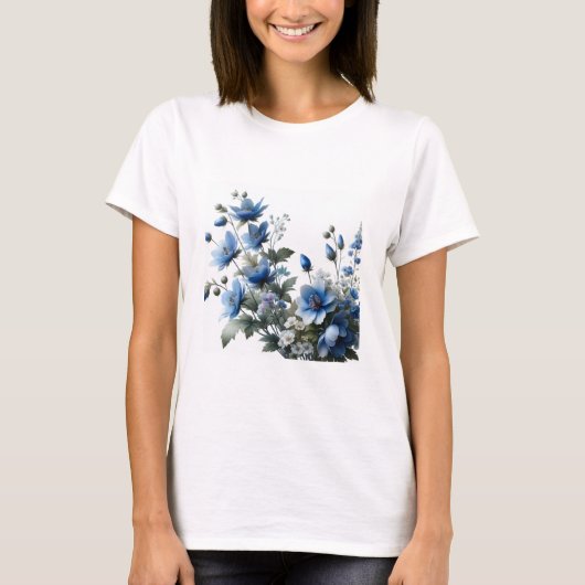 Blauwe bloemen damesshirt t-shirt (Voorkant)