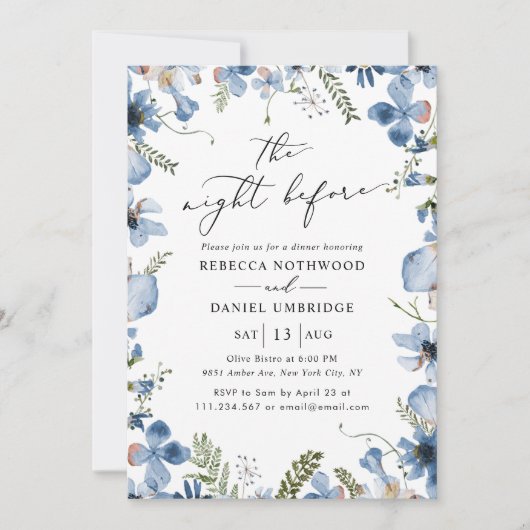Blauwe bloemen de avond voor repetitie diner kaart (Voorkant)