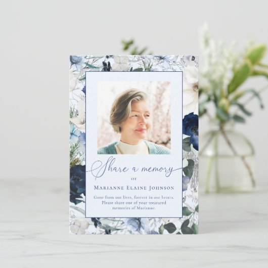 Blauwe Bloemen delen een herinnering aan het leven Informatiekaartje (Staand voorkant)