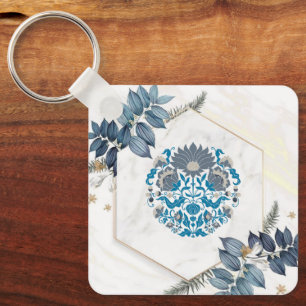 Blauwe bloemen, delicate botanische lijst sleutelhanger