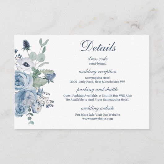Blauwe Bloemen Details Bruiloft Informatiekaartje (Voorkant)