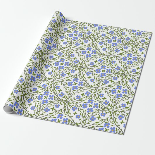 Blauwe Bloemen Ditsy Bloemen Patroon Cadeaupapier (Uitgerold)