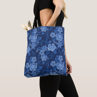 Blauwe bloemen donkerblauw tote bag