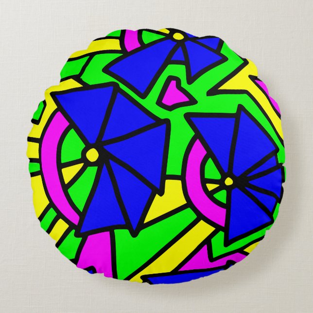 Blauwe bloemen Doodle Art Rond Kussen (Voorkant)