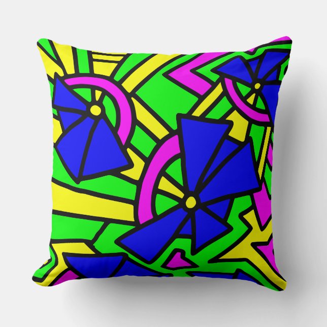 Blauwe Bloemen Doodle Kunst Kussen (Voorkant)