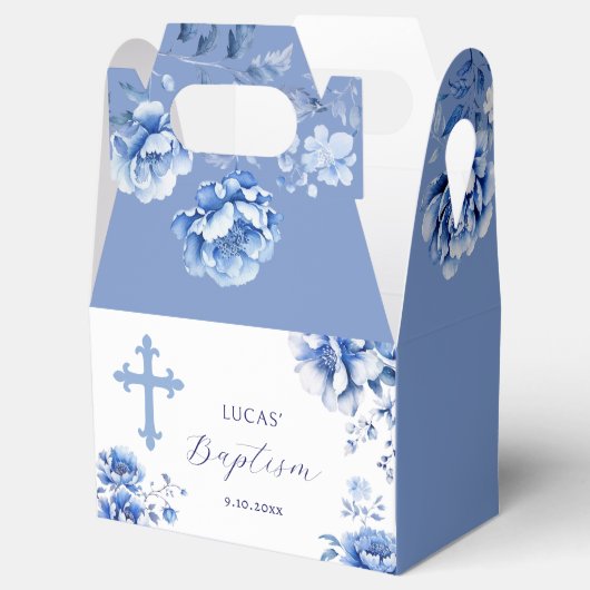 Blauwe bloemen doop bedankdoosjes (Geopend)