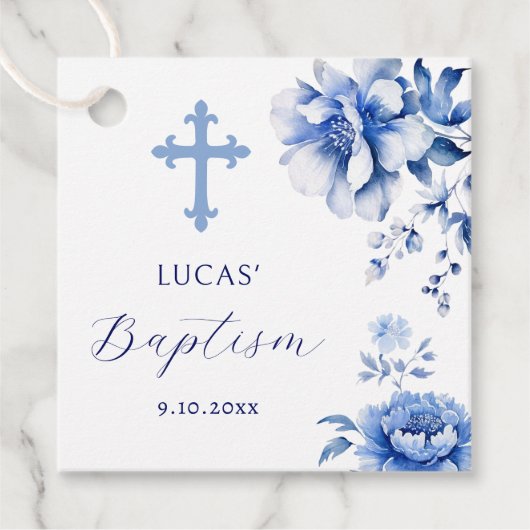 Blauwe bloemen doop bedankjes labels (Voorkant)