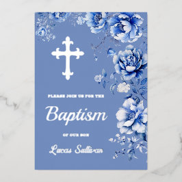 Blauwe bloemen doop folie uitnodiging