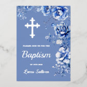 Blauwe bloemen doop folie uitnodiging (Voorkant)