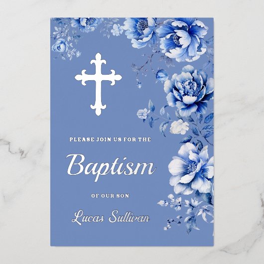 Blauwe bloemen doop folie uitnodiging (Voorkant)