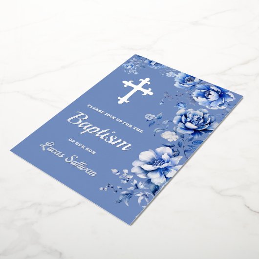 Blauwe bloemen doop folie uitnodiging (Gedraaid)