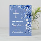 Blauwe bloemen doop folie uitnodiging (Staand Voorkant)